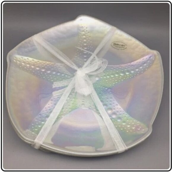 AKCAM Pearl White Turkish Glass Dinner Plates 10 inch Sand Dollar Starfish 4x - Picture 1 of 5